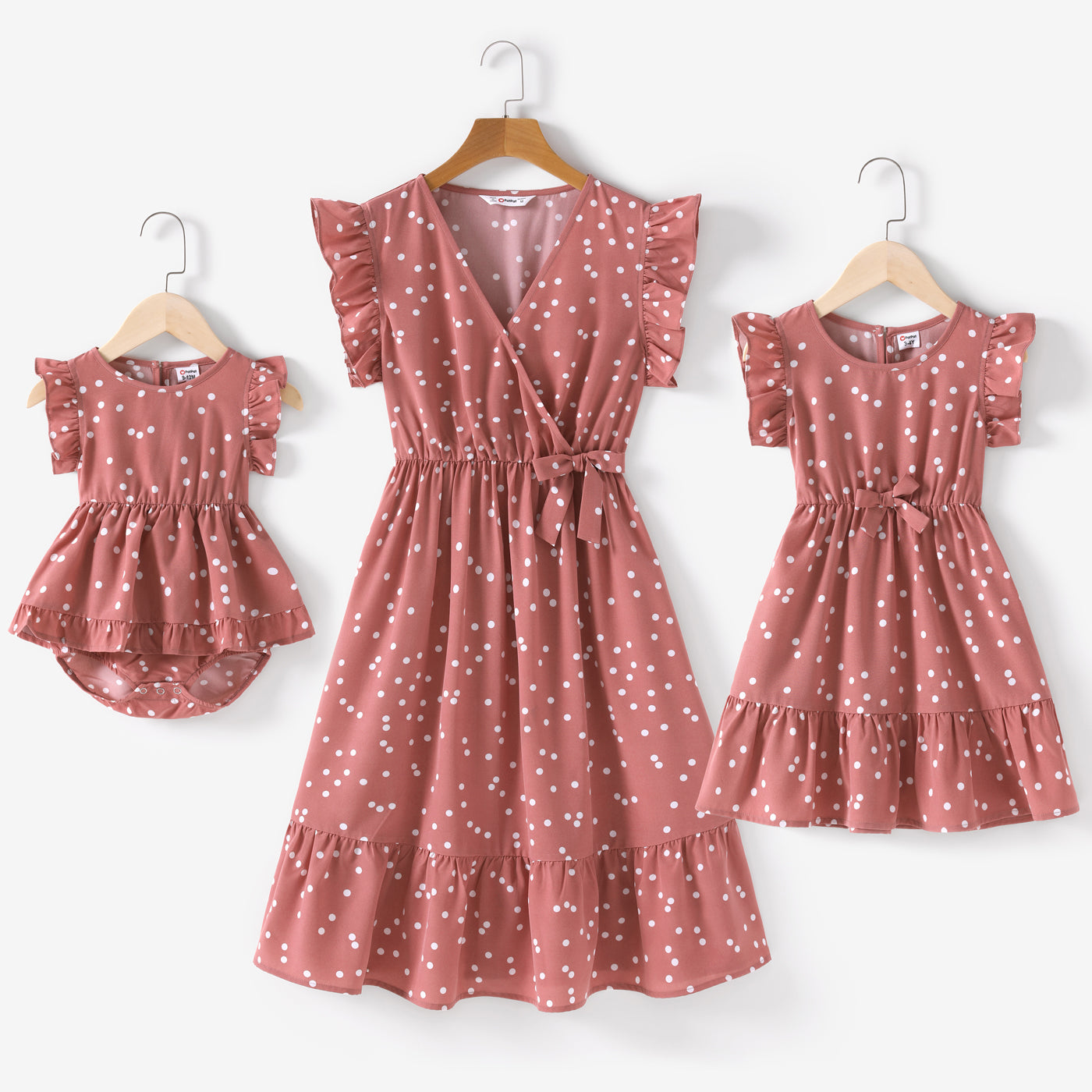 Matching Family Outfits Mommy and Me Pink Cross Wrap V Neck Ruffle Polka Dots Dress for Mom and Me - ChildAngle