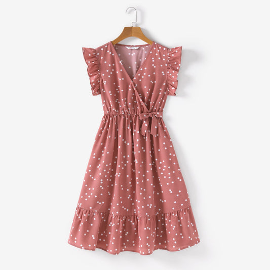 Matching Family Outfits Mommy and Me Pink Cross Wrap V Neck Ruffle Polka Dots Dress for Mom and Me - ChildAngle