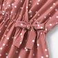 Matching Family Outfits Mommy and Me Pink Cross Wrap V Neck Ruffle Polka Dots Dress for Mom and Me - ChildAngle