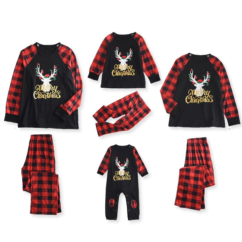 Matching Family Pajama Christmas Antler Print Plaid Pants Xmas Sleepwear - ChildAngle
