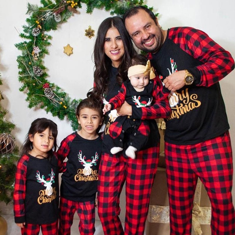 Matching Family Pajama Christmas Antler Print Plaid Pants Xmas Sleepwear - ChildAngle