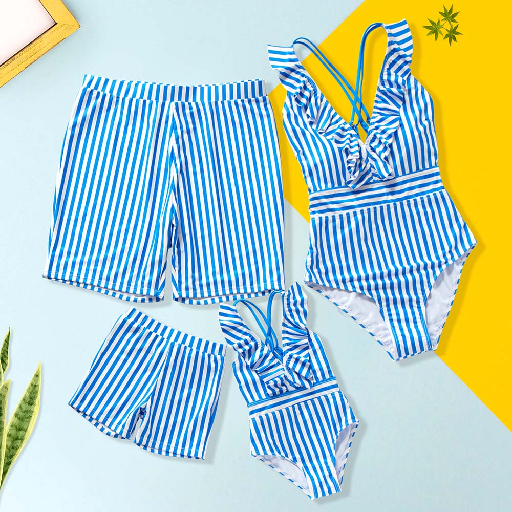 Matching Family Swimsuit Blue Striped V Neck One Piece Swimsuit - ChildAngle