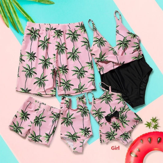 Matching Family Swimsuit Floral Pink Coconut Tree One Piece Swim Trunks Bathing Suit - ChildAngle