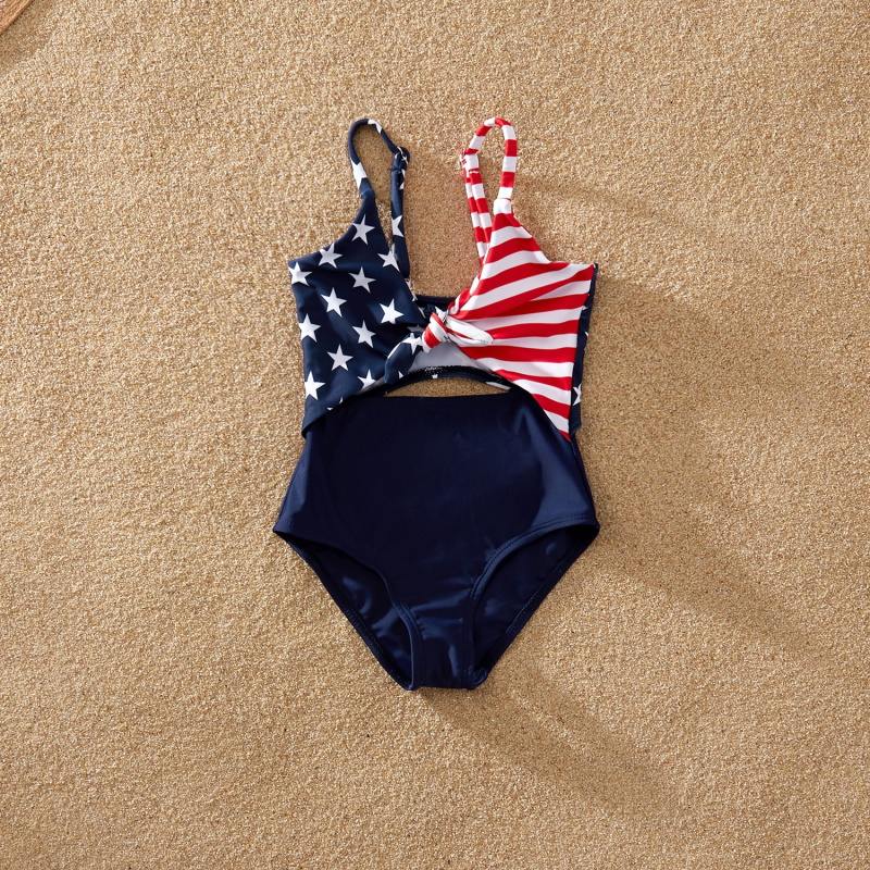 Matching Family Swimsuit Independence Day Flag Print V-neck Sling One-piece - ChildAngle