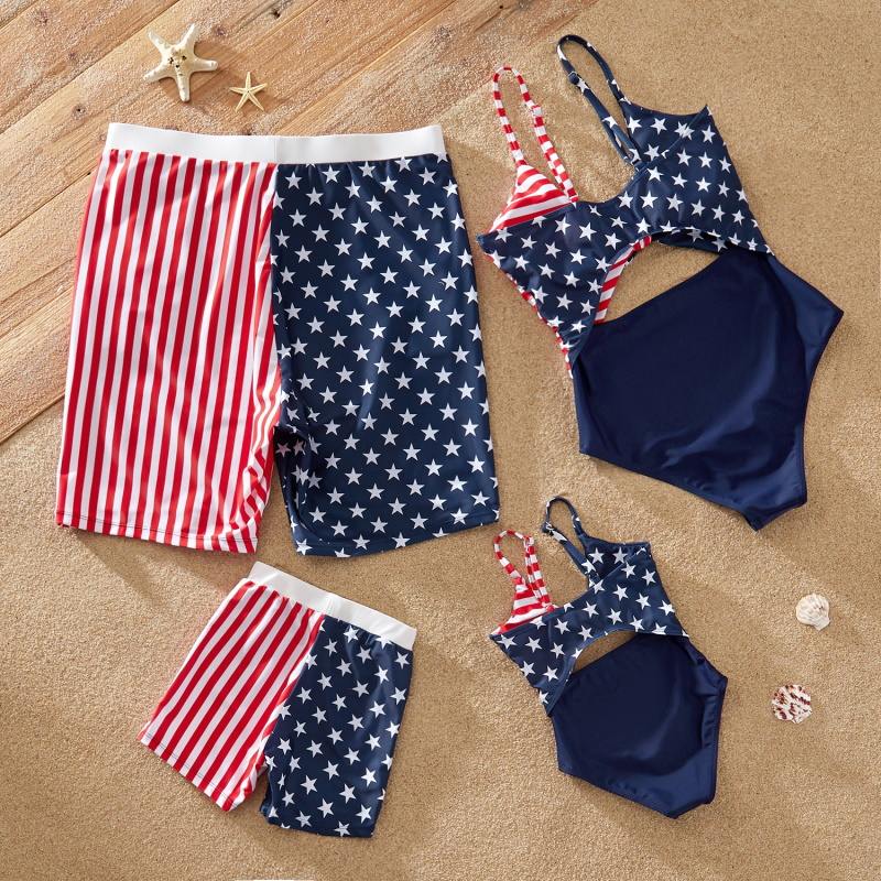 Matching Family Swimsuit Independence Day Flag Print V-neck Sling One-piece - ChildAngle