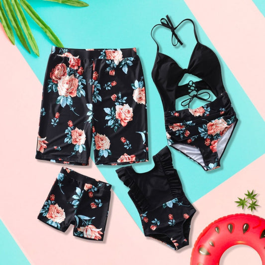 Matching Family Swimsuit One Piece Floral Cutout Flower Halter Ruffle Swimwear - ChildAngle