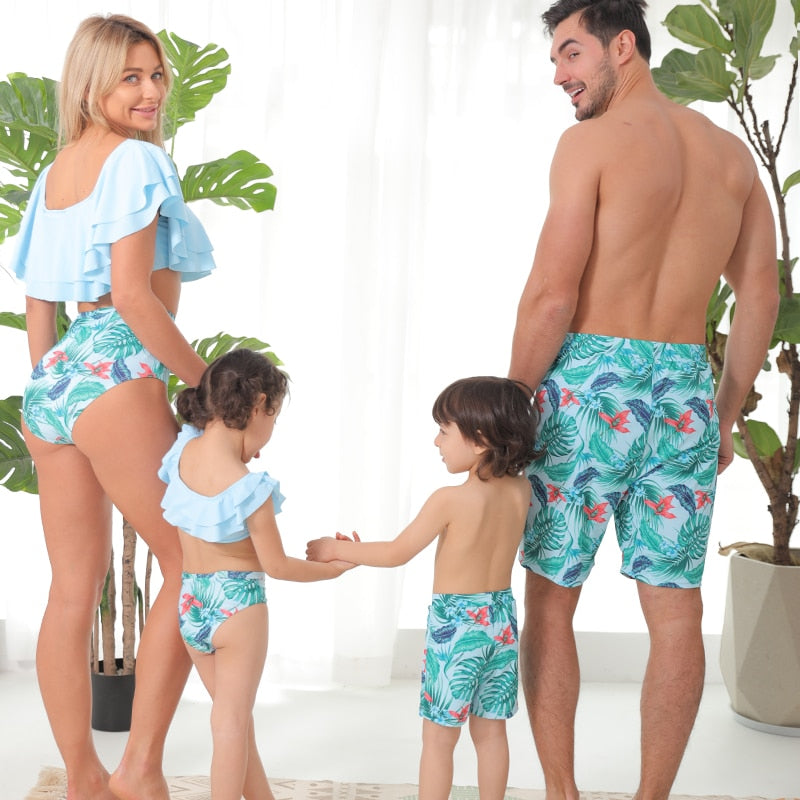 Matching Family Swimsuit Sky Blue Ruffle Floral Bikini Set Swimsuit - ChildAngle