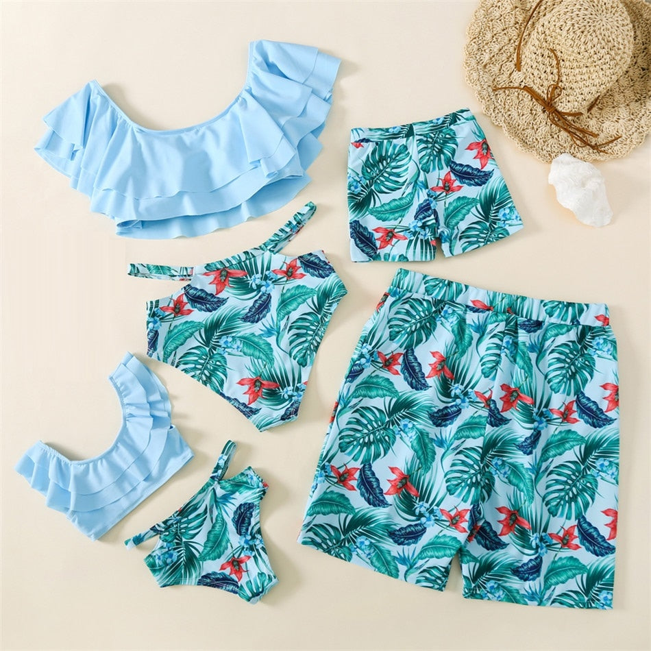 Matching Family Swimsuit Sky Blue Ruffle Floral Bikini Set Swimsuit - ChildAngle