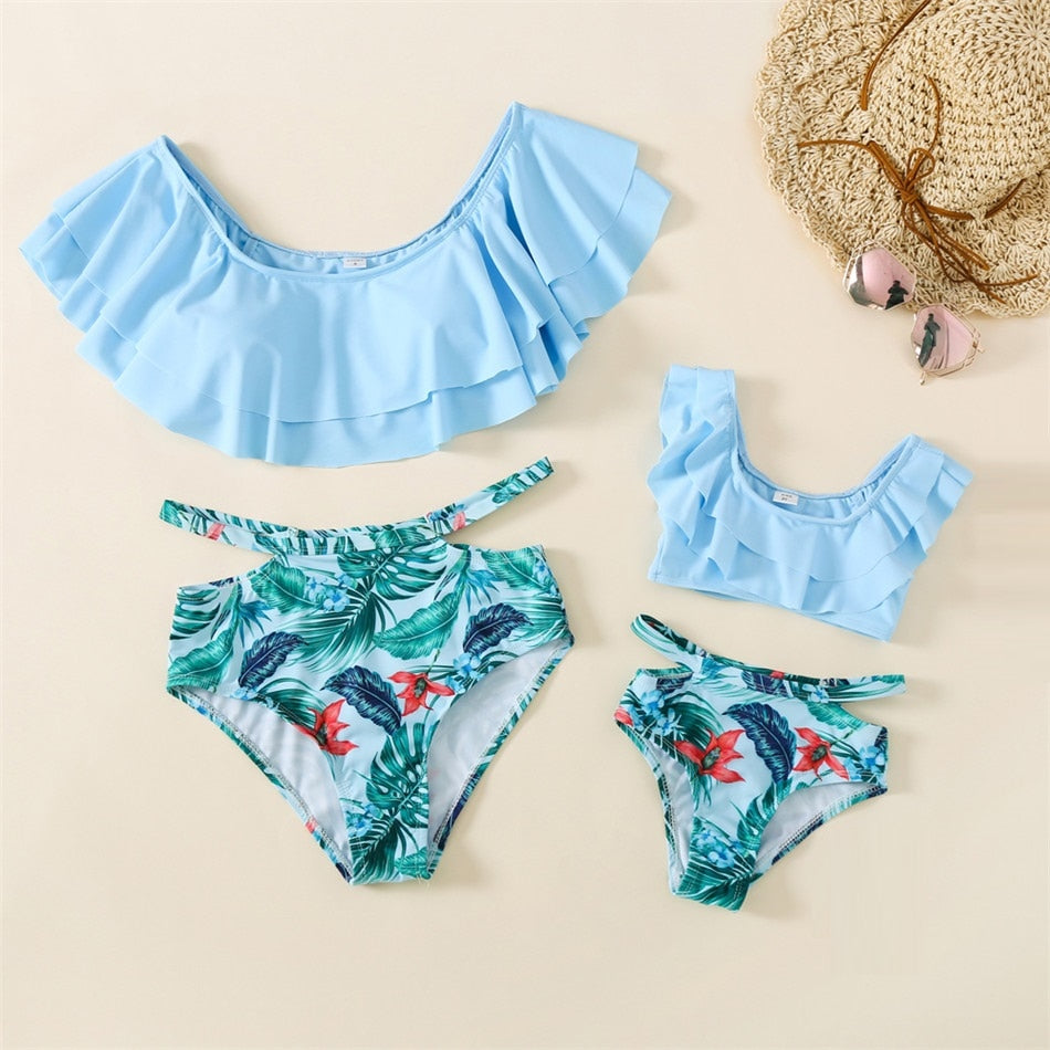 Matching Family Swimsuit Sky Blue Ruffle Floral Bikini Set