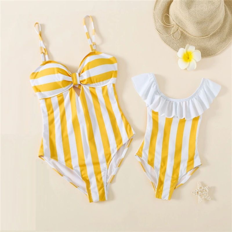 Matching Family Swimsuit Yellow Striped Bowknot One-Piece Swimwear - ChildAngle