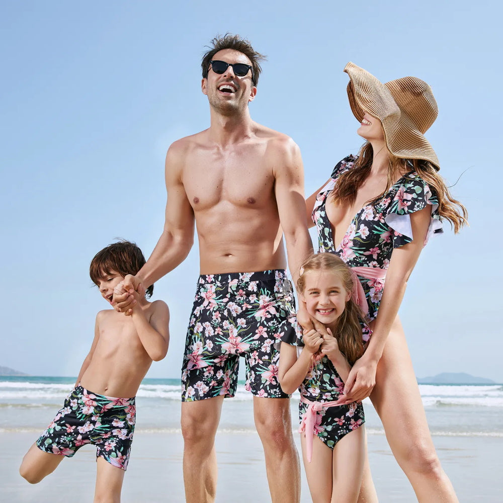 Matching Family Swimsuits Floral Print Pink Waist Tie One-piece Bathing Suit - ChildAngle