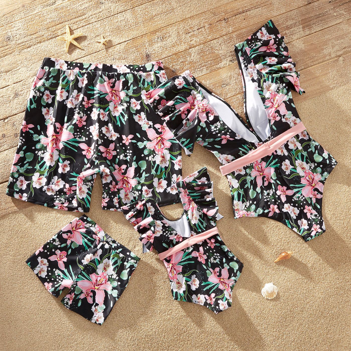 Matching Family Swimsuits Floral Print Pink Waist Tie One-piece Bathing Suit - ChildAngle