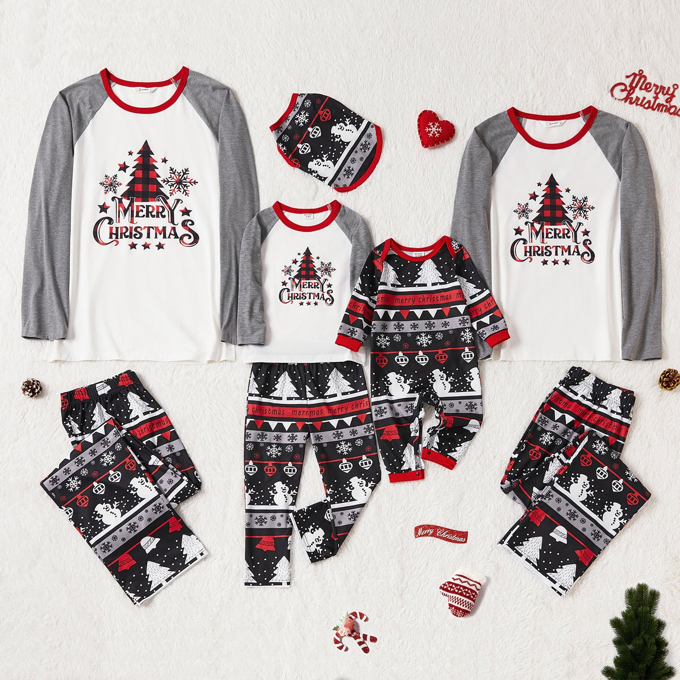 Christmas Hat and Letter Print Family Matching Red Raglan Long-sleeve Plaid Pajamas Sets (Flame Resistant)