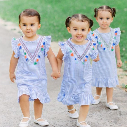 Mom and Daughter Dress Boho Mommy and Me Dresses Stripe Tassel Print Sleeveless - ChildAngle