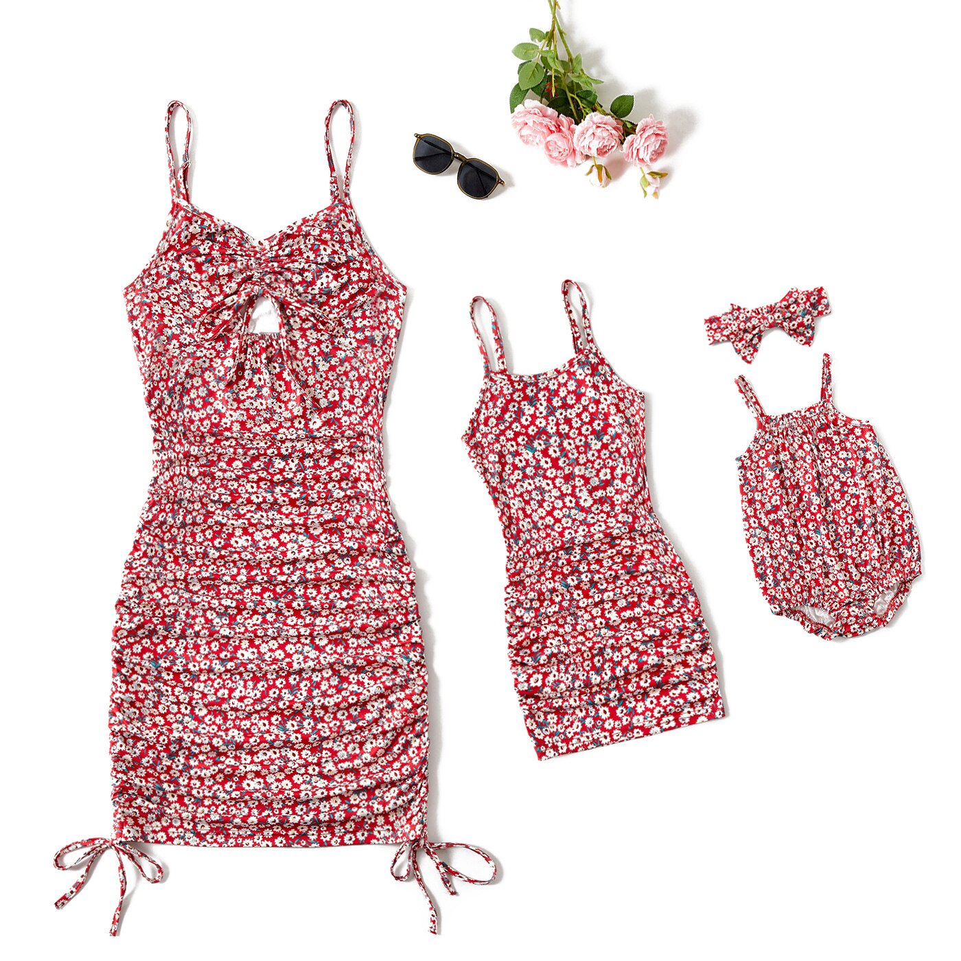 Mommy and Me Allover Floral Print Drawstring Ruched Bodycon Cami Dresses - ChildAngle