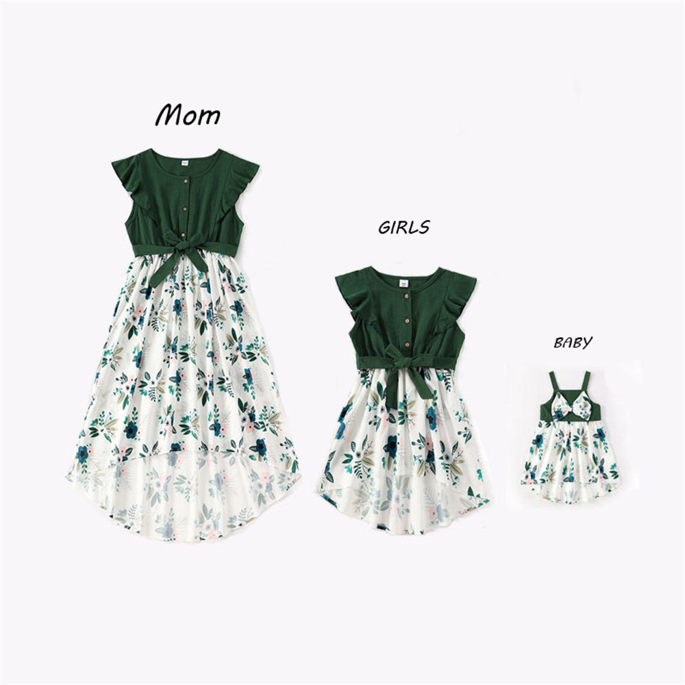Mommy and Me Dress Summer Floral Midi Dresses Flounce Waist Tie Dress for Mom and Daughter - ChildAngle
