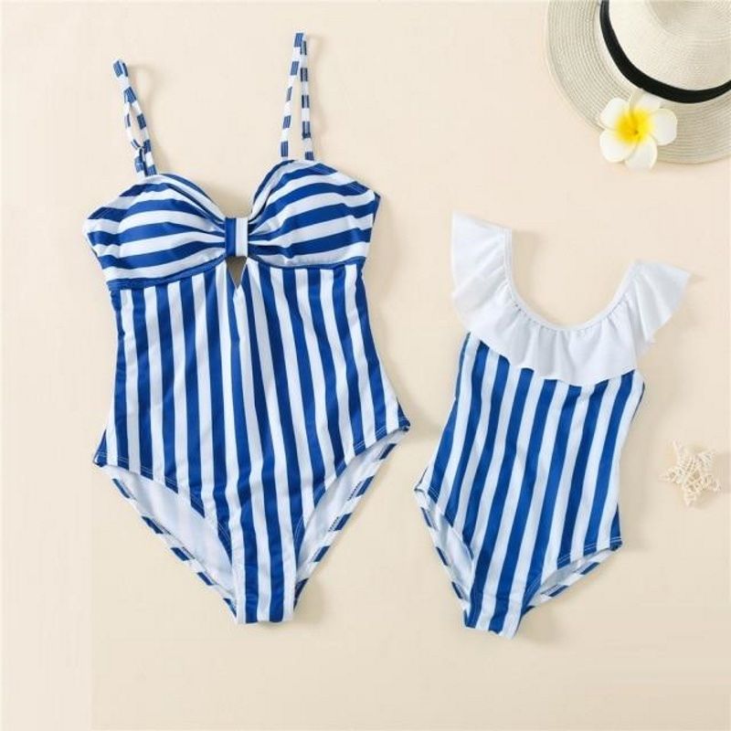 Mommy and Me Matching Swimsuit Blue Striped One Piece Swimwear Mother and Daughter - ChildAngle