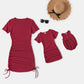Mommy and Me Solid Color Drawstring Cotton Short Sleeve Dresses - ChildAngle
