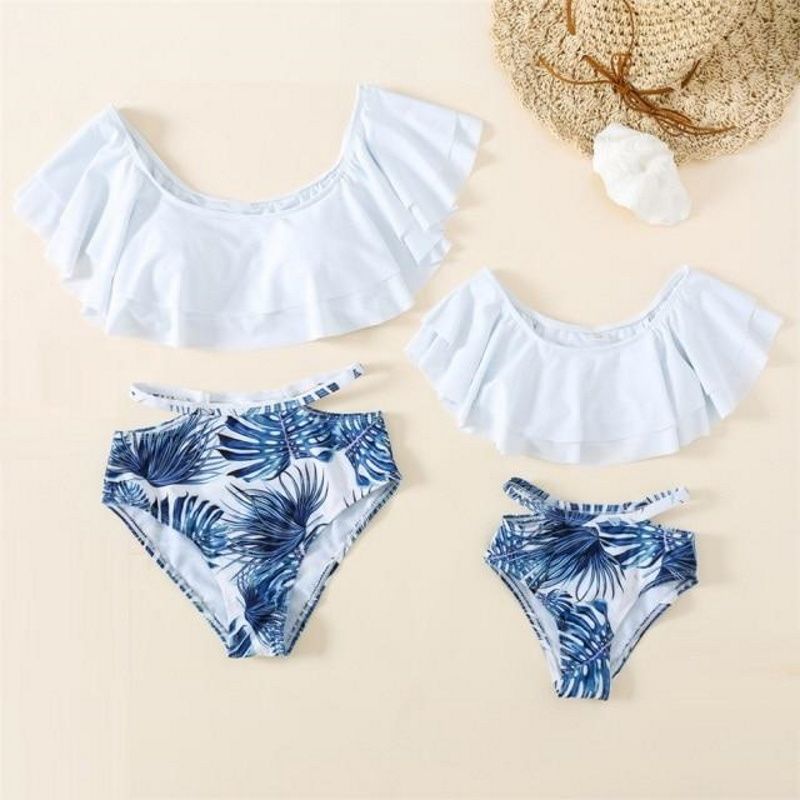 Mommy and Me Swimsuit Blue Palm Leaves Family - ChildAngle