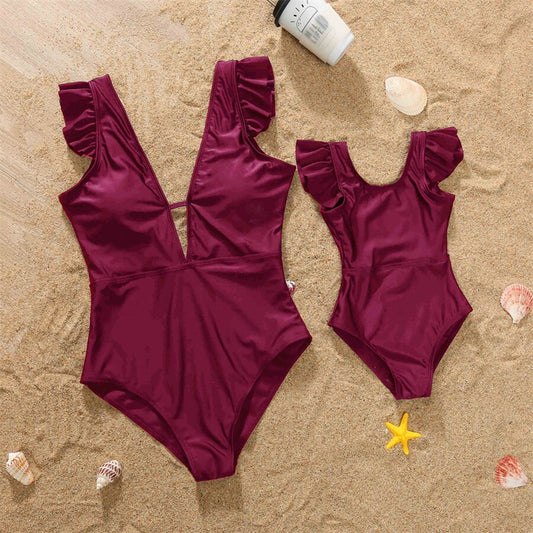 Mommy and Me Swimsuit Solid Color Mother Daughter Matching One Piece Swimwear - ChildAngle