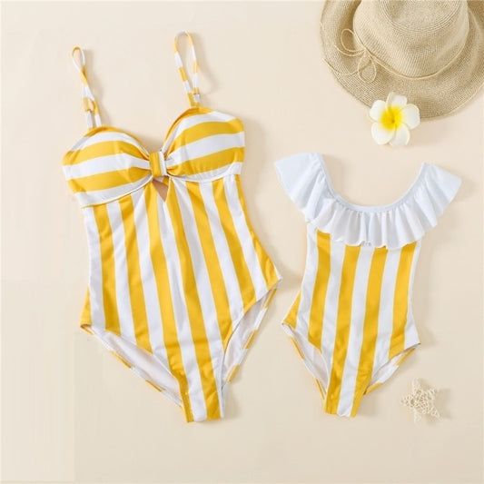 Mommy and Me Swimsuit Yellow Striped One Piece Swimwear - ChildAngle