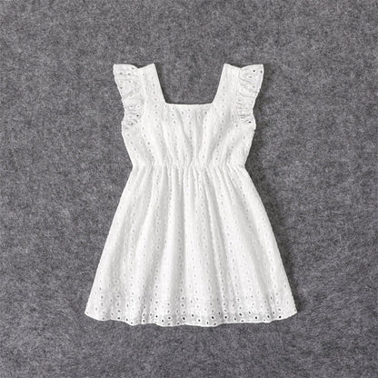 Mommy and Me V Neck 100% Cotton White Eyelet Embroidered Ruffle Sleeveless Dresses - ChildAngle