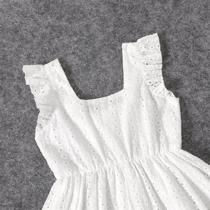 Mommy and Me V Neck 100% Cotton White Eyelet Embroidered Ruffle Sleeveless Dresses - ChildAngle