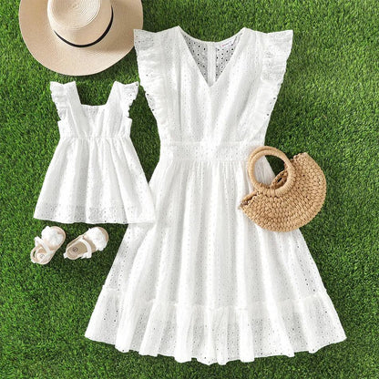 Mommy and Me V Neck 100% Cotton White Eyelet Embroidered Ruffle Sleeveless Dresses - ChildAngle