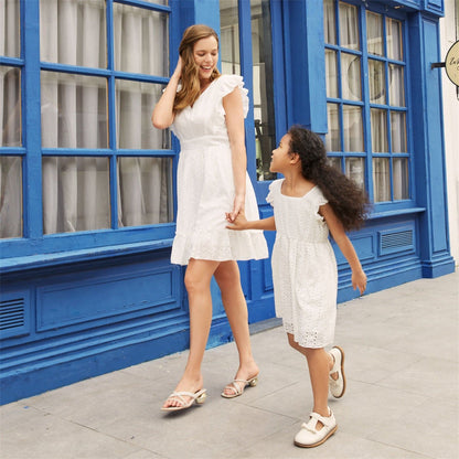 Mommy and Me V Neck 100% Cotton White Eyelet Embroidered Ruffle Sleeveless Dresses - ChildAngle