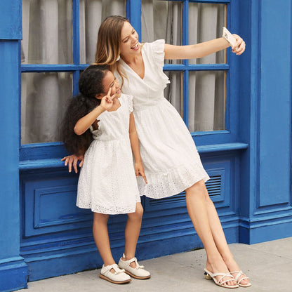 Mommy and Me V Neck 100% Cotton White Eyelet Embroidered Ruffle Sleeveless Dresses - ChildAngle