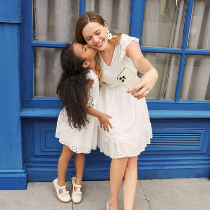 Mommy and Me V Neck 100% Cotton White Eyelet Embroidered Ruffle Sleeveless Dresses - ChildAngle