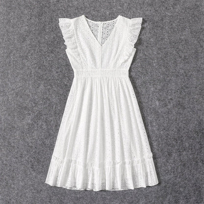 Mommy and Me V Neck 100% Cotton White Eyelet Embroidered Ruffle Sleeveless Dresses - ChildAngle