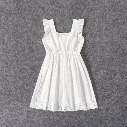 Mommy and Me V Neck 100% Cotton White Eyelet Embroidered Ruffle Sleeveless Dresses - ChildAngle