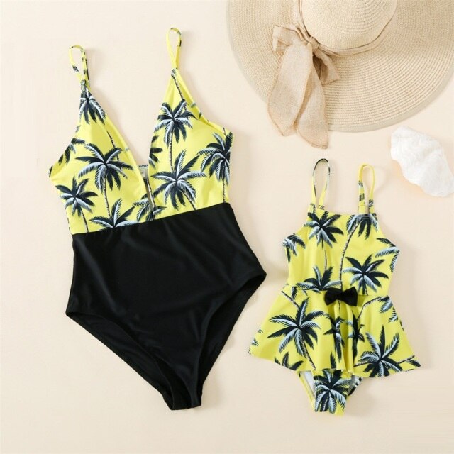 Mother Daughter Matching Swimsuits Yellow Coconut Tree One Piece Swimwear - ChildAngle