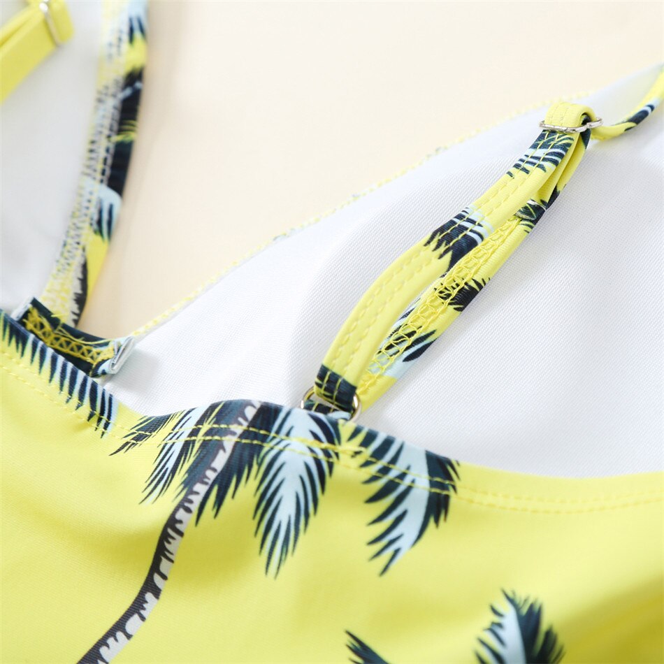 Mother Daughter Matching Swimsuits Yellow Coconut Tree One Piece Swimwear