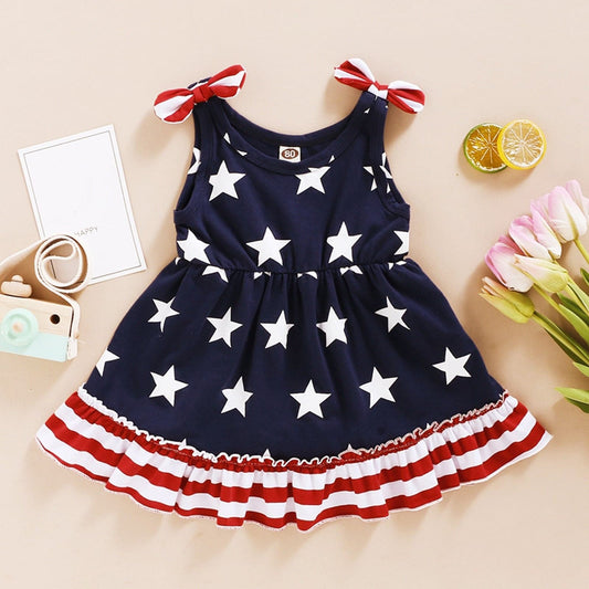 Newborn Toddlers Girls Stars Stripes Dresses 4th of July Suspenders Dress - ChildAngle