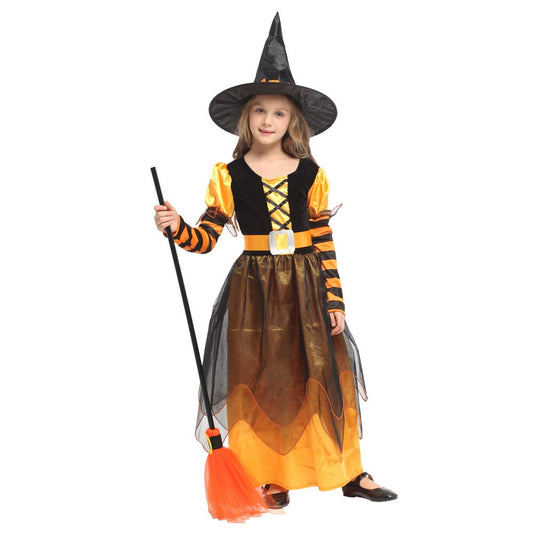 Orange Black Witch Costume Sorceress Costumes for Girls Halloween Party Cosplay Dress - ChildAngle