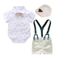 3PCS Baby Boy Bowtie Romper Suspender Baptism Formal Outfit with Baret Hat Newborn Infant Clothing Set