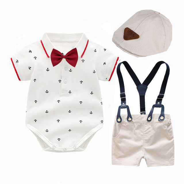 3PCS Baby Boy Bowtie Romper Suspender Baptism Formal Outfit with Baret Hat Newborn Infant Clothing Set - ChildAngle