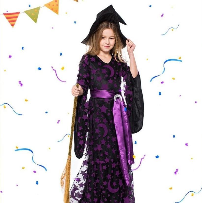Purple Stars Moons Magic Witch Costume Kids Halloween Party - ChildAngle