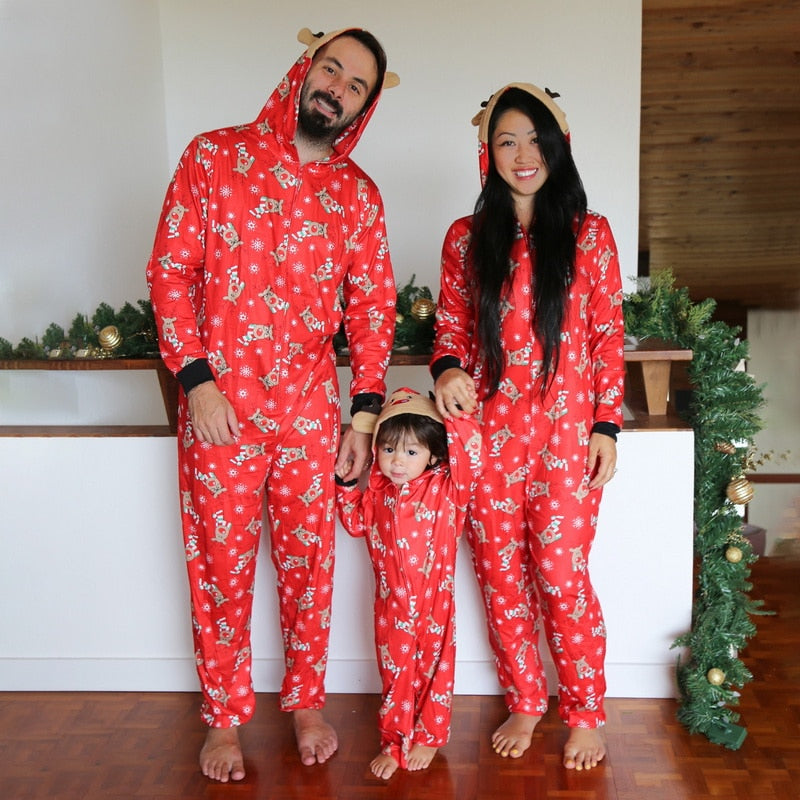 Christmas Family Matching Pajamas Hooded Jumpsuit Sleepwear One Piece  Zipper Nightwear Loungewear Romper Holiday Pjs for Men Women Kids
