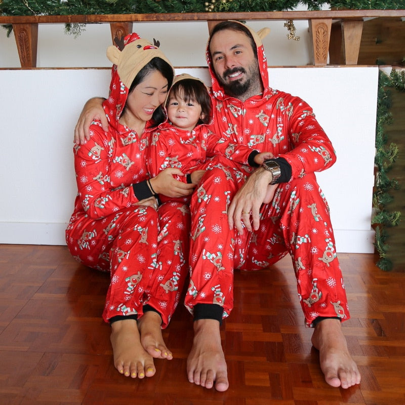 Christmas Family Matching Pajamas Set Hooded Father Mother Daughter Son  Kids Jumpsuit Sleepwear