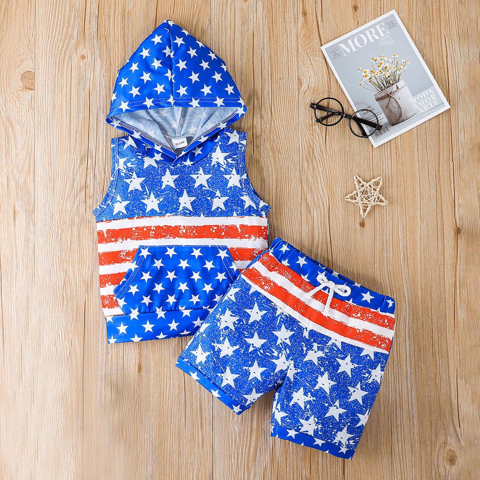 Toddler Boys Independence Day 4th Of July Outfits 2PCS Sleeveless Hooded Tops Shorts Kids - ChildAngle