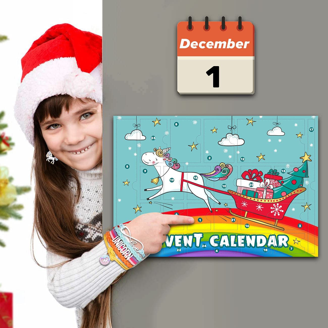 Unicorn Advent Calendar for Girl Christmas 24 Days Unicorn School Stationery and Jewelry Set - ChildAngle